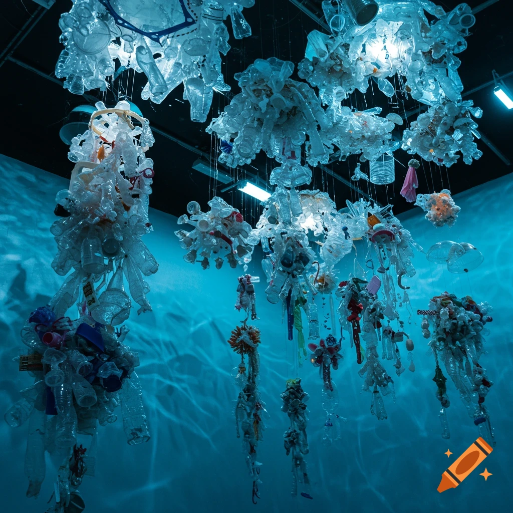 An art installation of clear and colored plastic bottles hanging from the ceiling, lit by blue lights creating wave patterns.