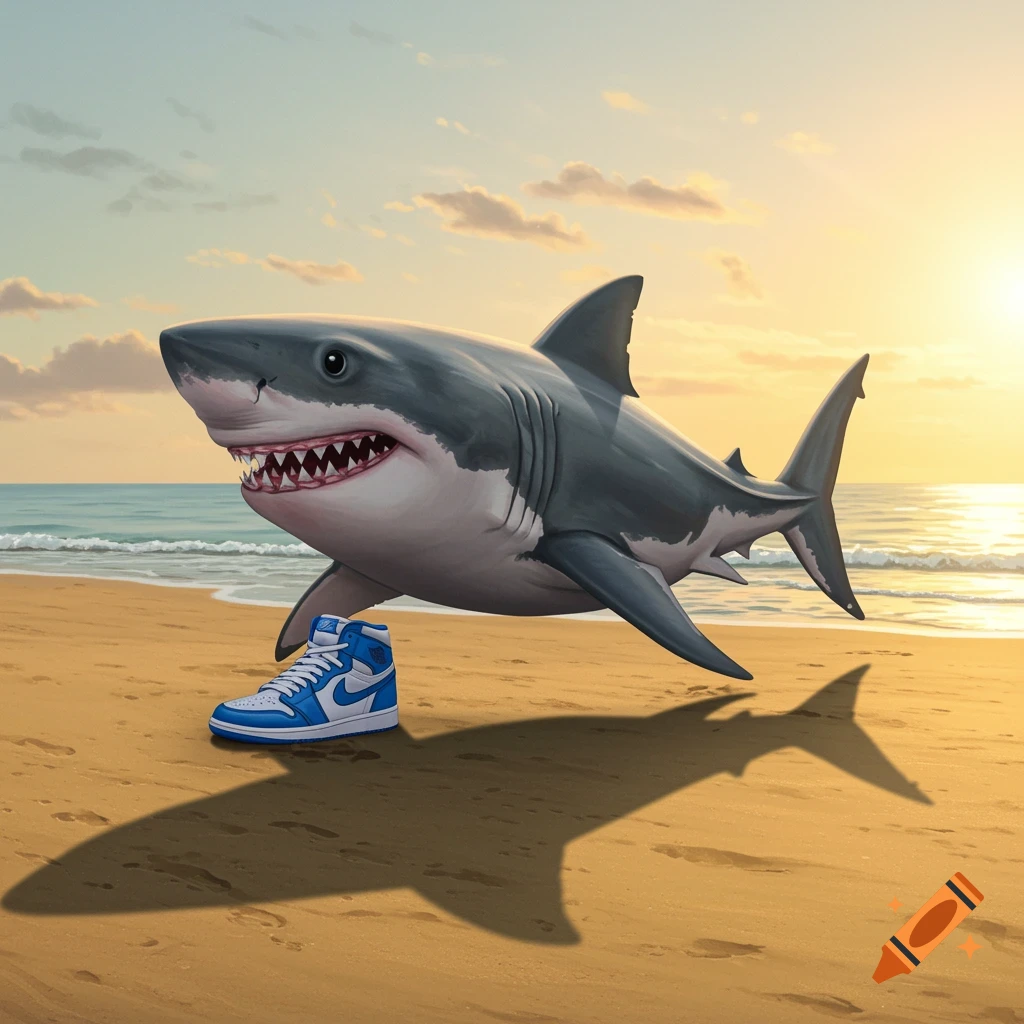 A great white shark wearing blue Jordan 1 sneakers walks on a sandy beach at sunset.