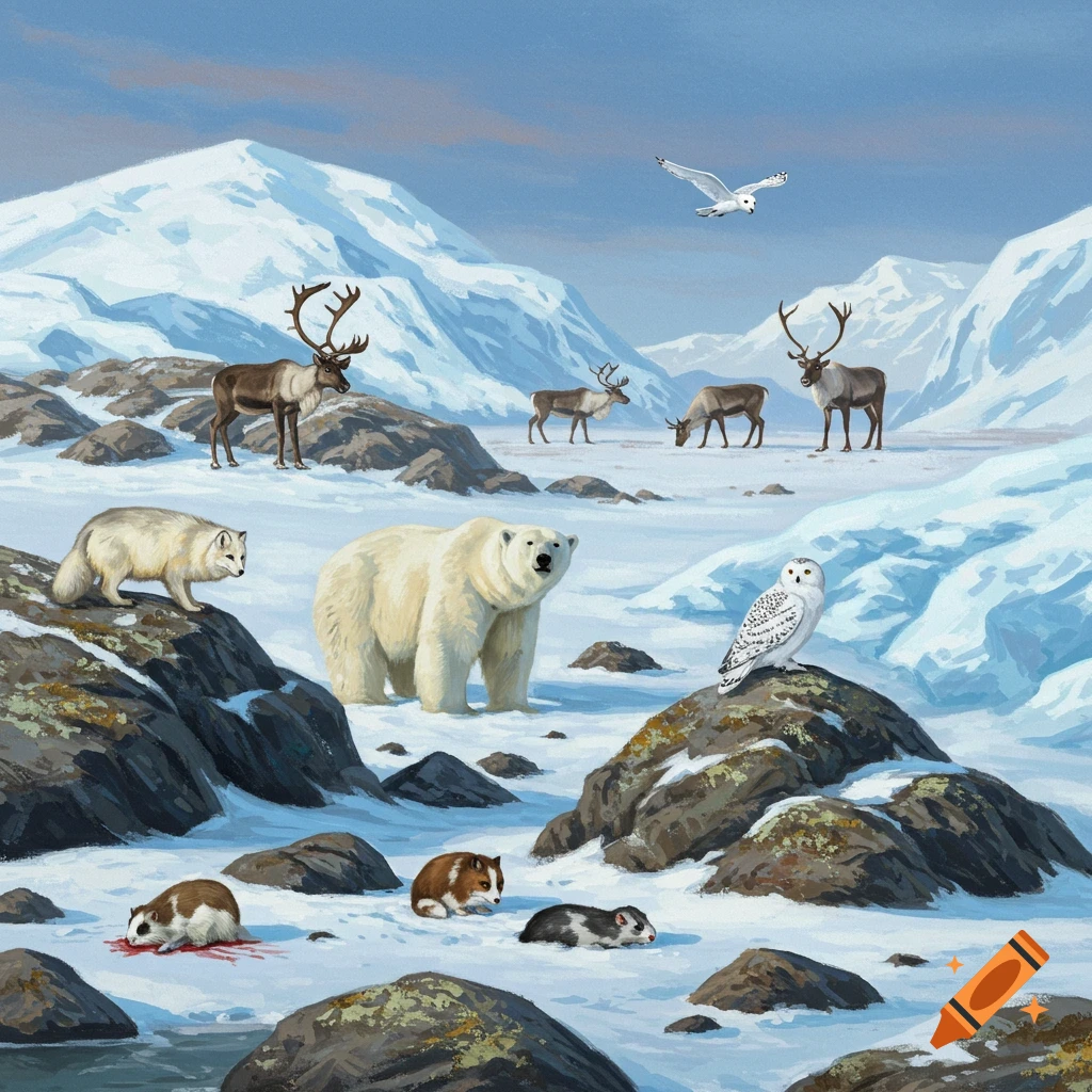 Arctic animals including polar bear, fox, reindeer, and owl in a snowy tundra.
