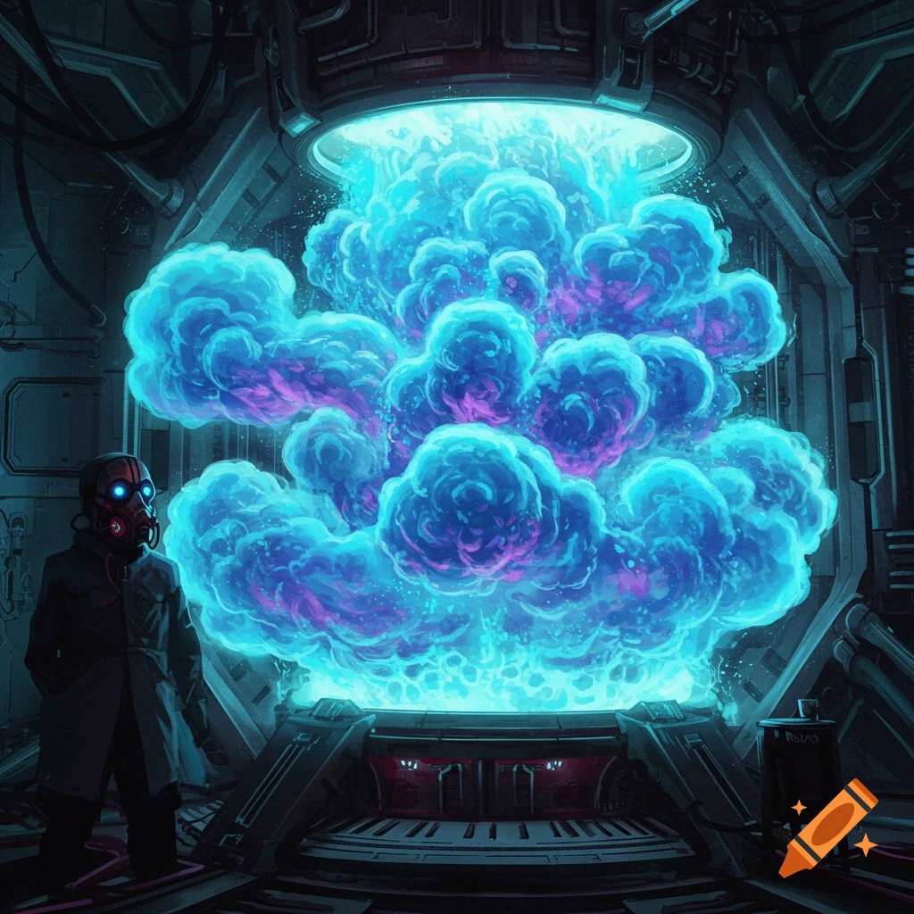 A masked person stands in a sci-fi laboratory next to a large chamber emitting glowing blue gas.