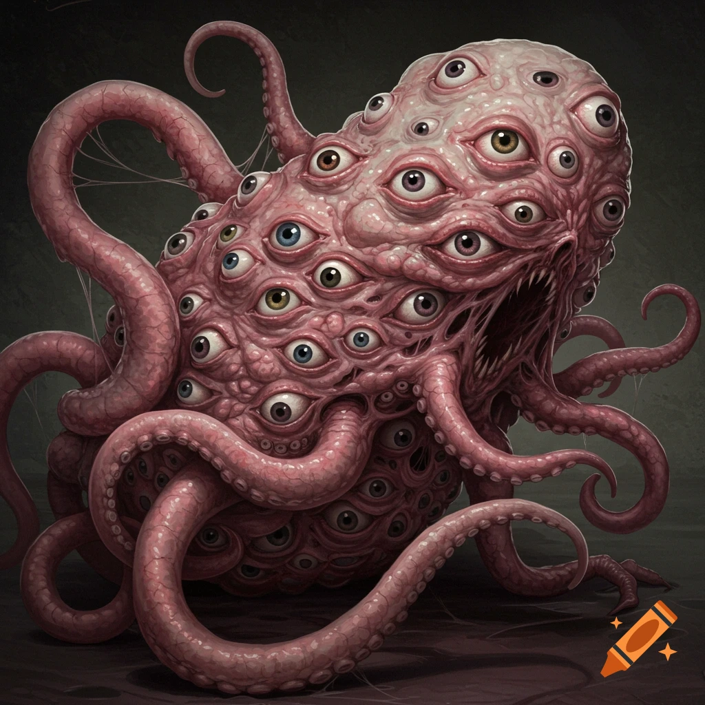 a pink monster with many eyes and tentacles