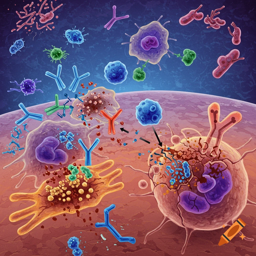 Immune cells, antibodies, and particles interacting in the adaptive immune system and apoptosis process.