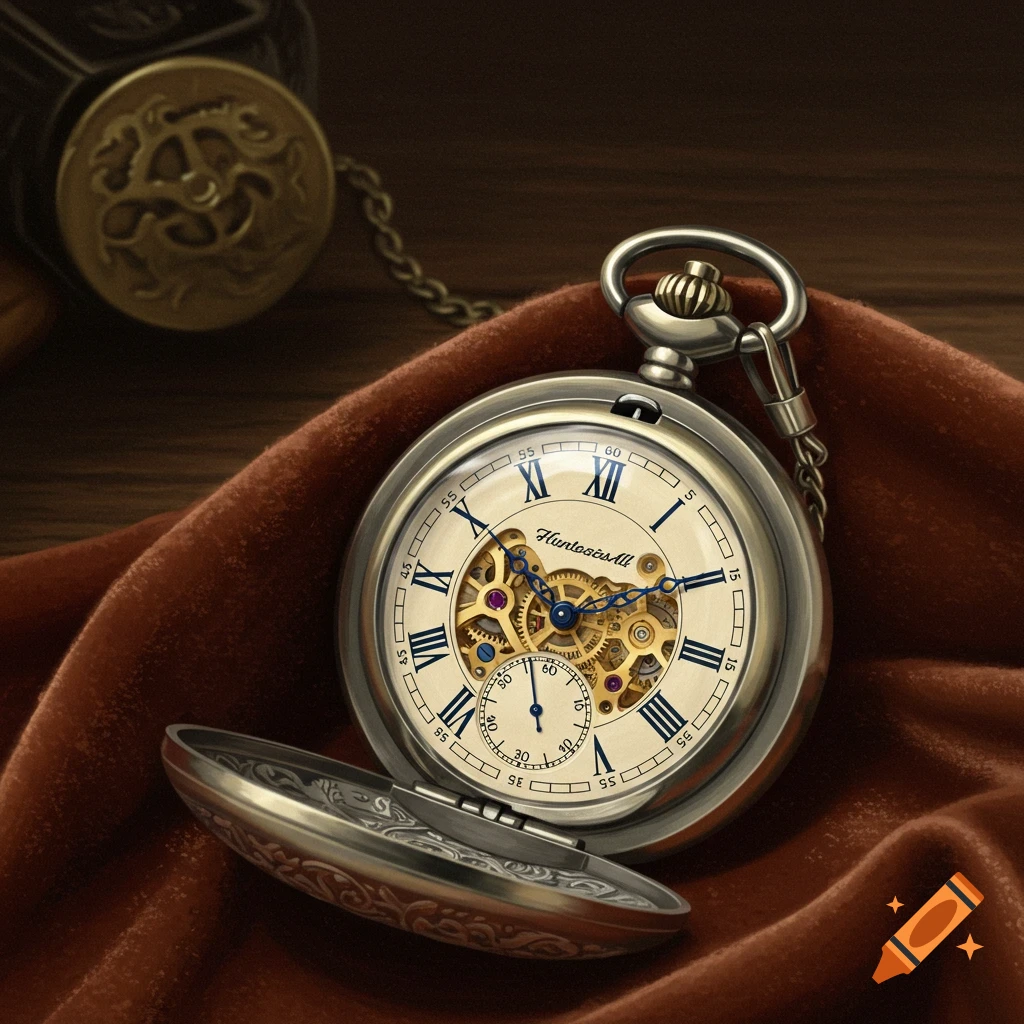 Close-up of an antique pocket watch with its case open, resting on red velvet.