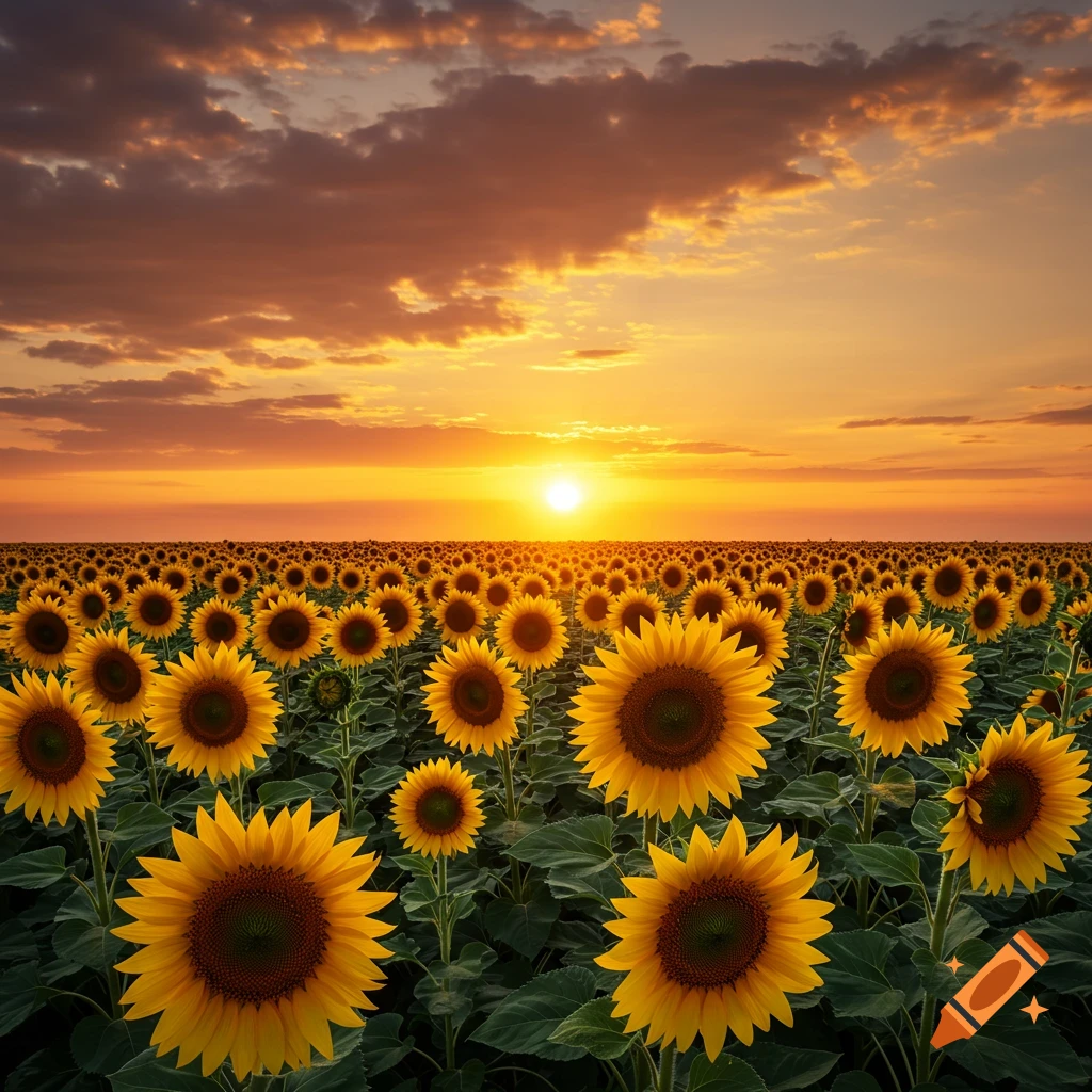 A field of sunflowers faces a bright setting sun.