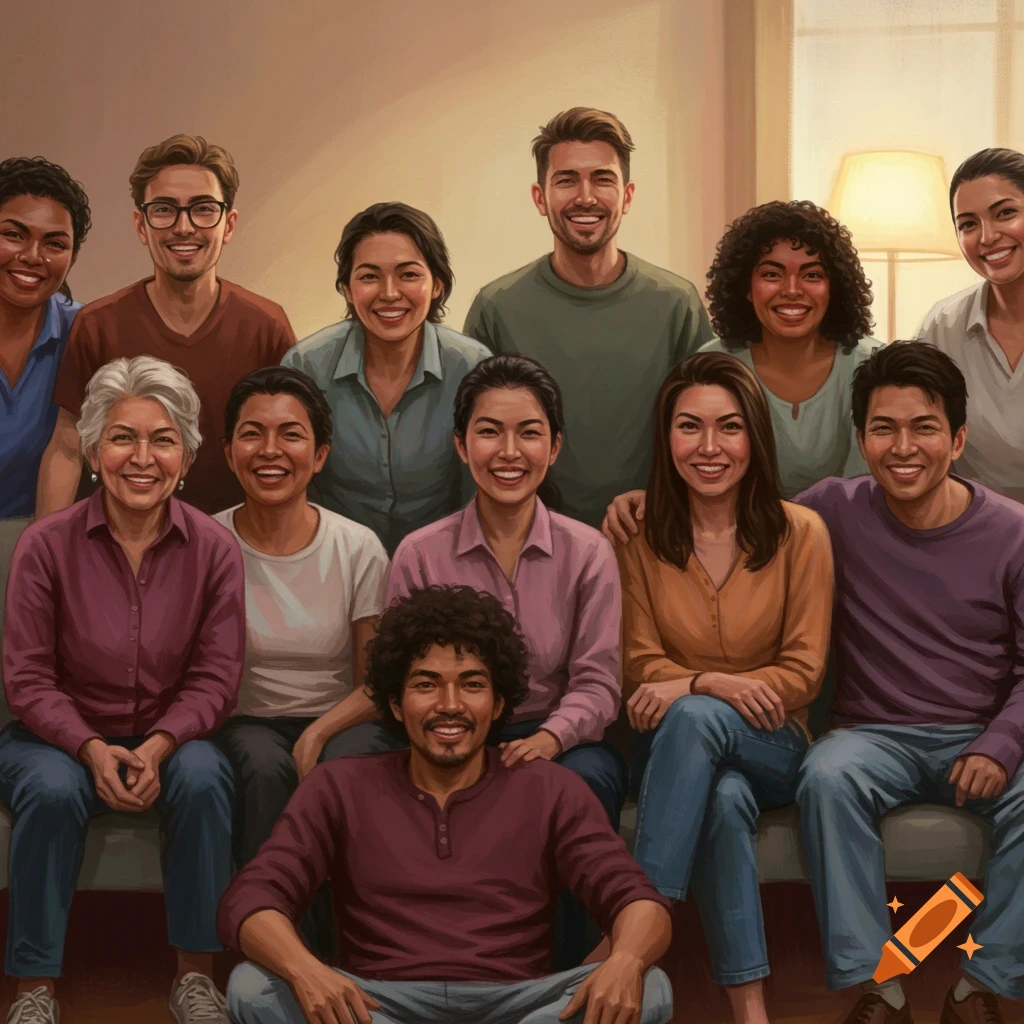 Diverse group of smiling people seated together in a warm image.