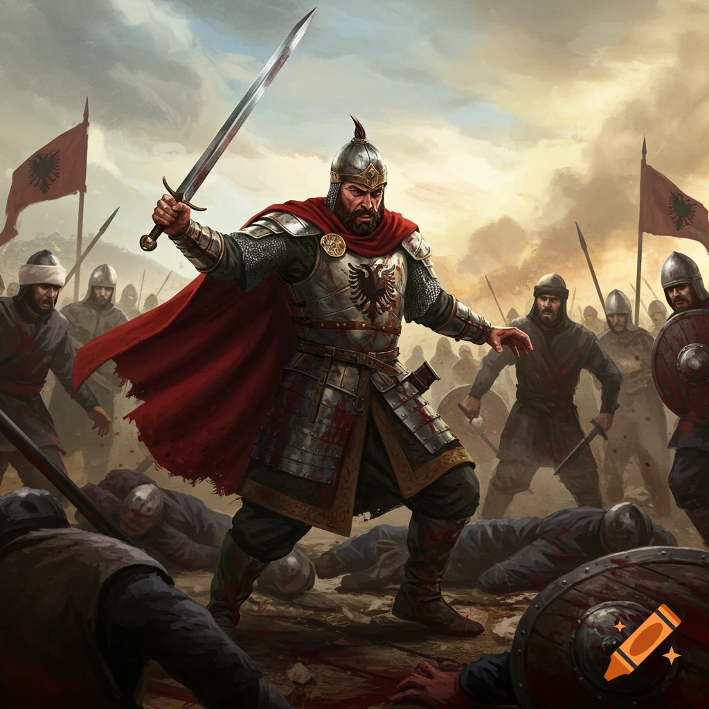 A warrior in armor with a raised sword amidst a battle scene with fallen soldiers.