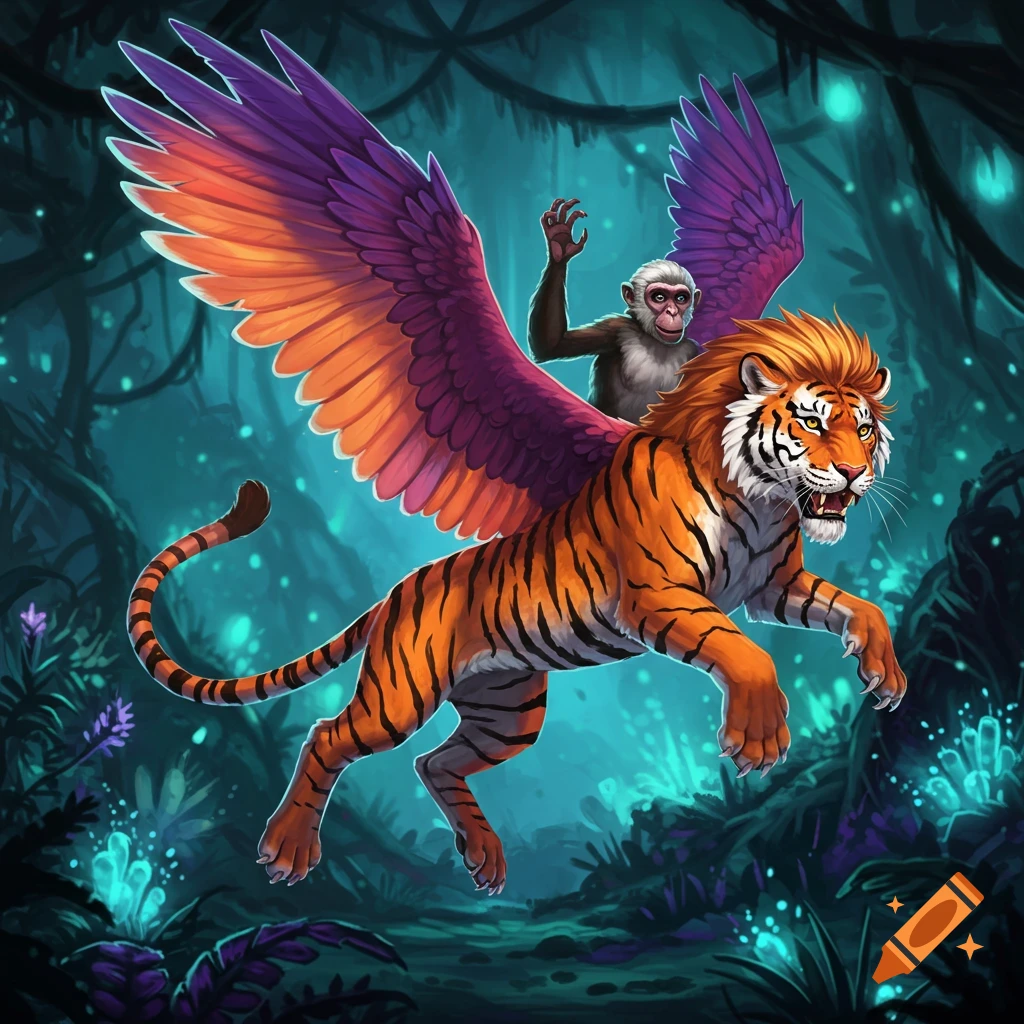 A winged tiger flies through a jungle with a monkey riding its back.