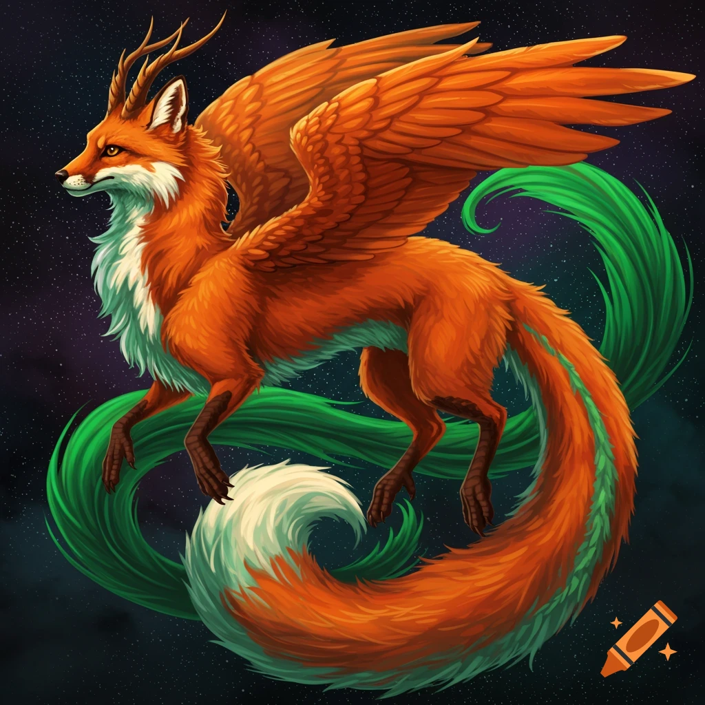 A winged orange fox-like creature on a starry background.