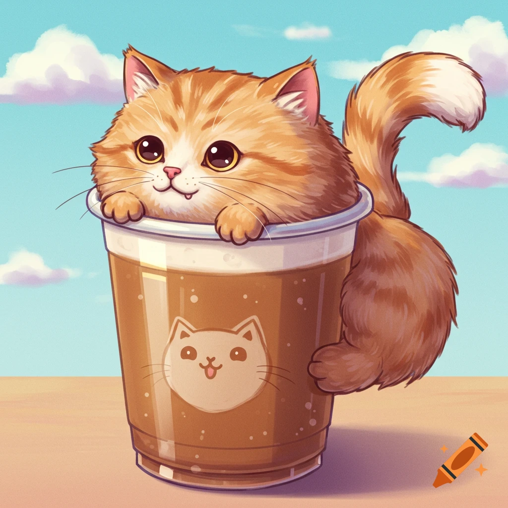 Cute cartoon illustration of an orange and white cat in a plastic coffee cup with a cat logo on it.