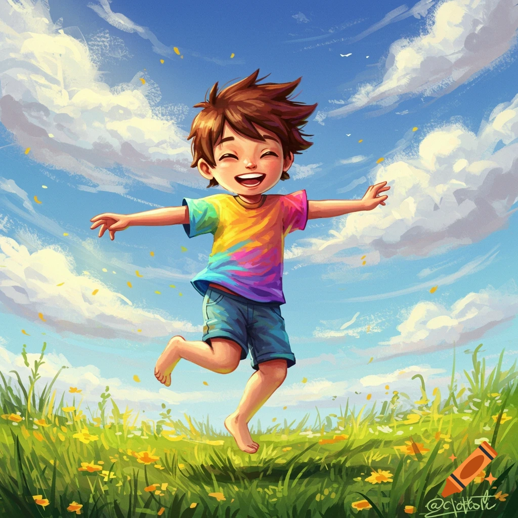 A joyful boy jumping in a sunny meadow