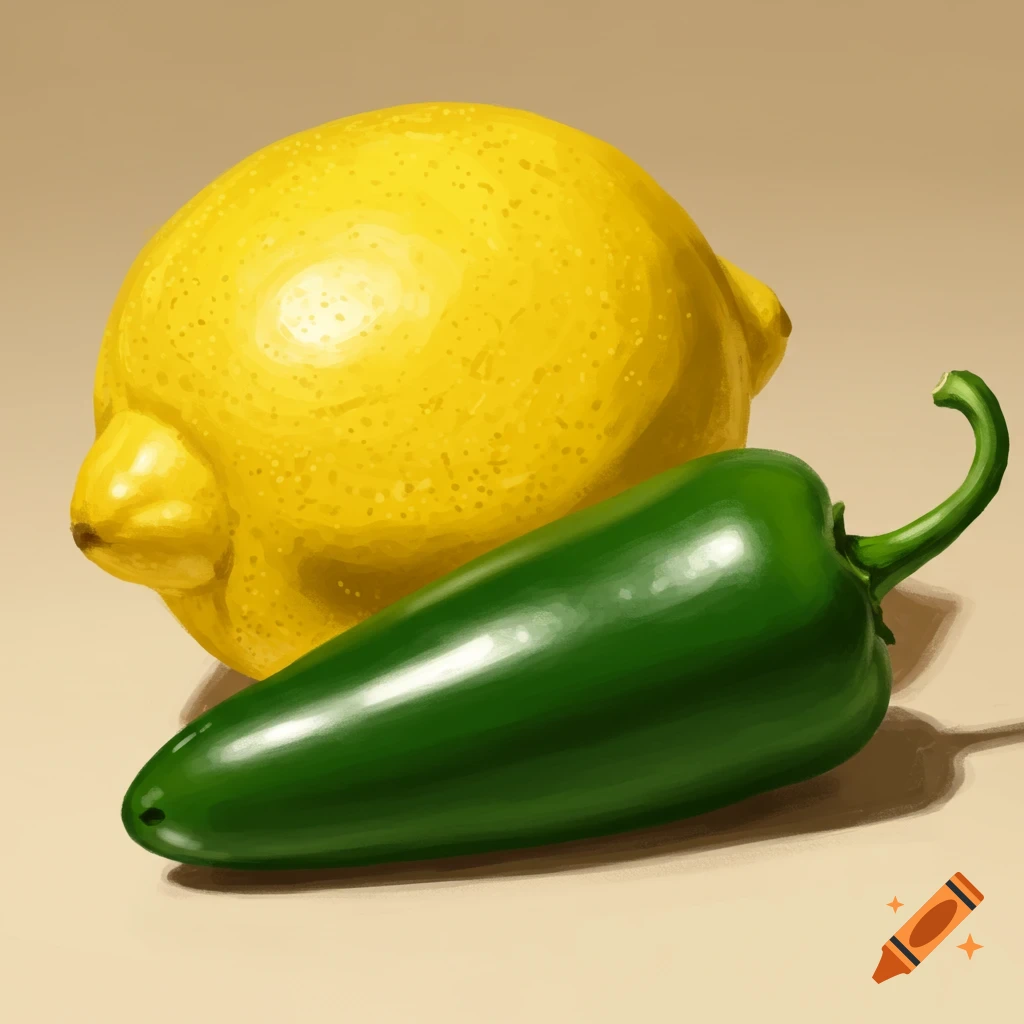 A lemon and a green jalapeno pepper.