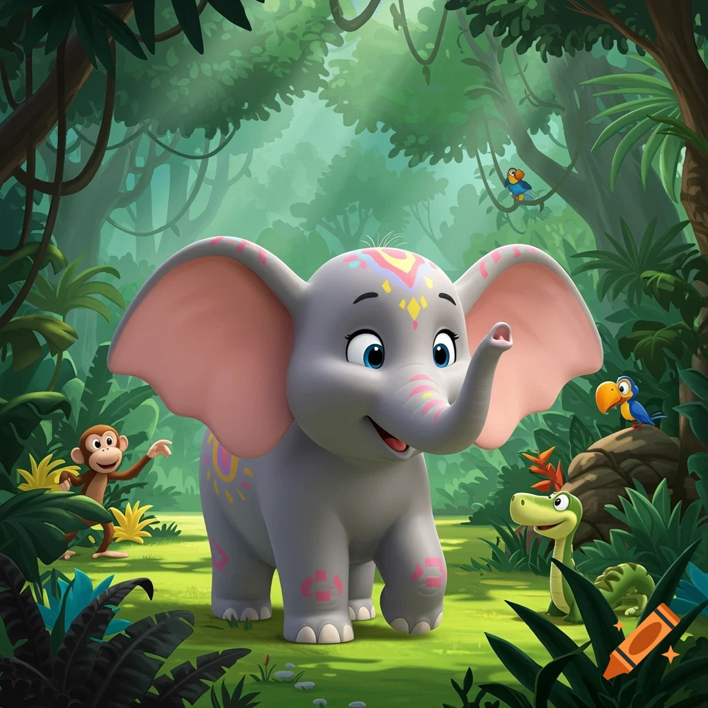 Cartoon elephant and jungle animals in a forest