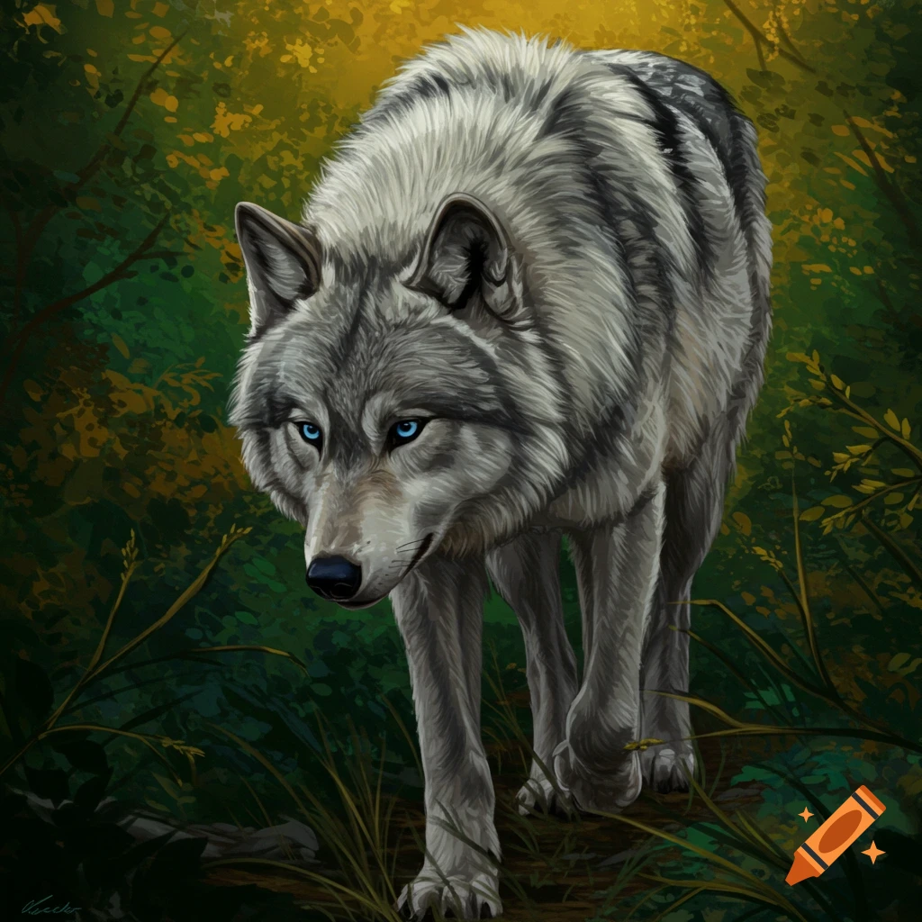 A grey wolf with blue eyes walking through a forest.