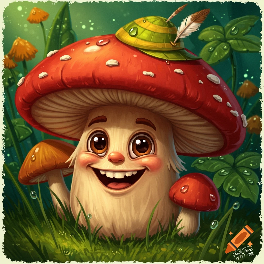 Cartoon mushroom character in a forest clearing wearing a small hat.
