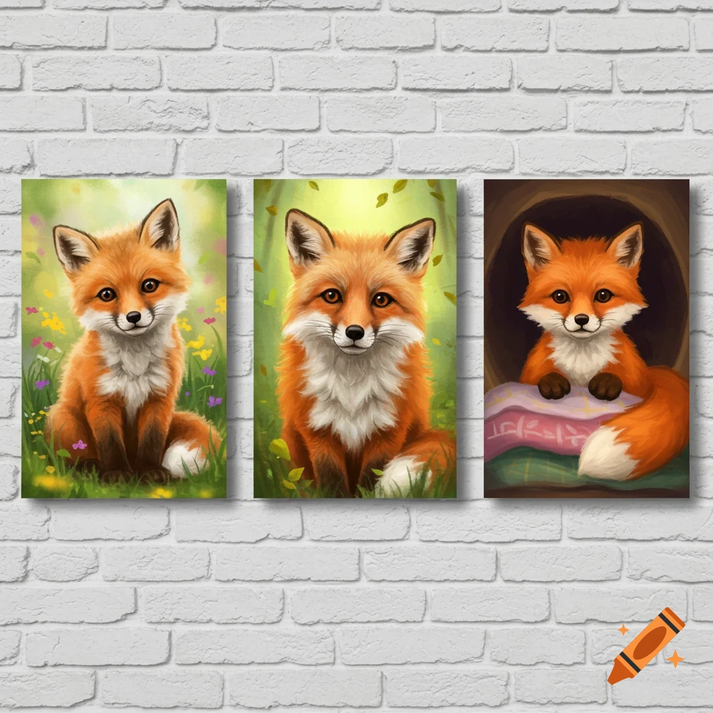 A triptych showing a cute fox in a meadow, a forest, and a burrow.