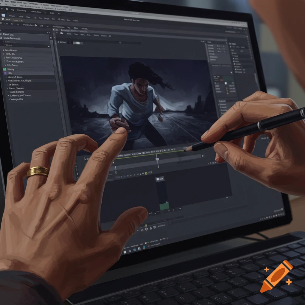 Hands editing an image on a laptop screen.
