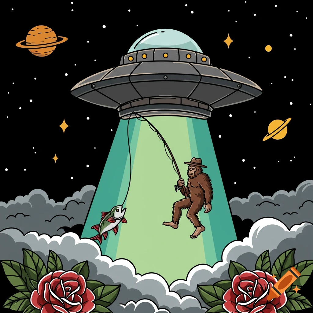 Bigfoot fishes from a UFO in space, surrounded by clouds and roses, in traditional tattoo style.