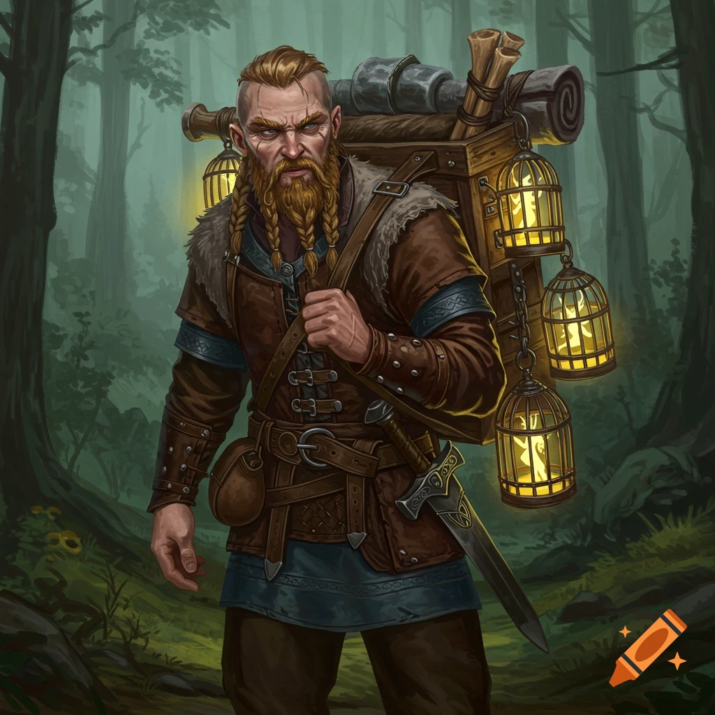 A serious-looking man resembling a viking, carrying a backpack with glowing caged lanterns in a forest.