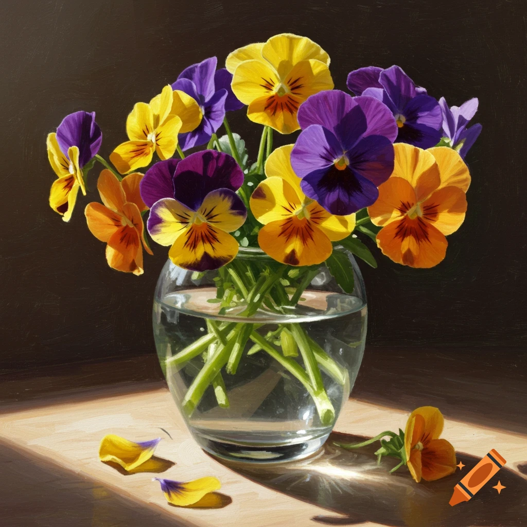 Purple, yellow, and orange pansies in a glass vase, lit by sunlight.
