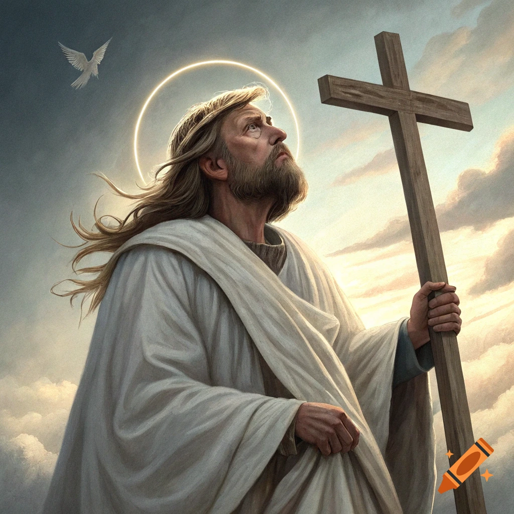 Illustration of Jesus Christ holding a cross, looking up towards a dove in the sky with a halo and clouds.