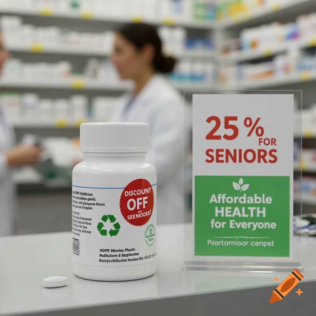 A medicine bottle on a pharmacy counter with signs offering discounts and affordable health, and pharmacists in the background.