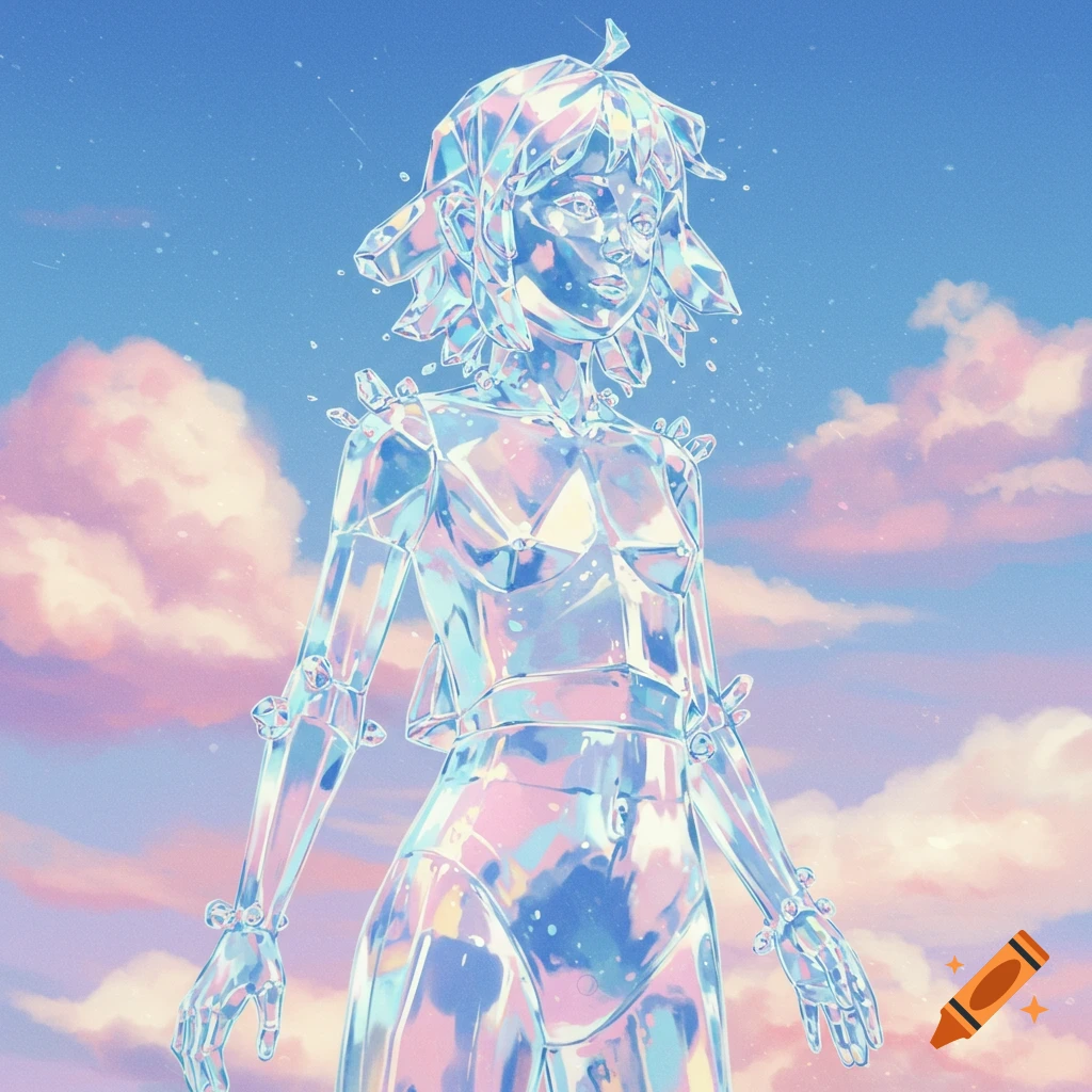 A stylized figure made of crystal stands under a cloudy sky.