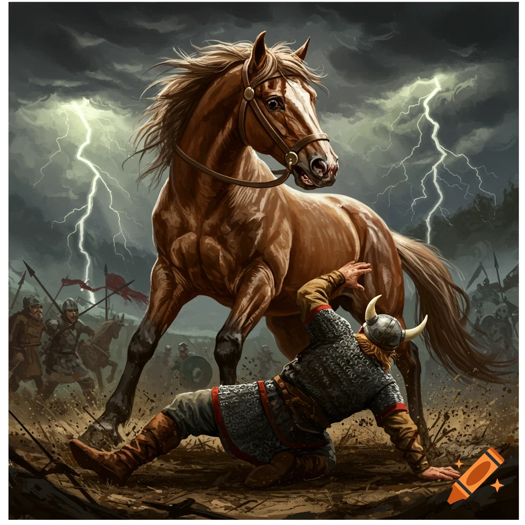 A brown horse tramples a viking warrior during a stormy battle.
