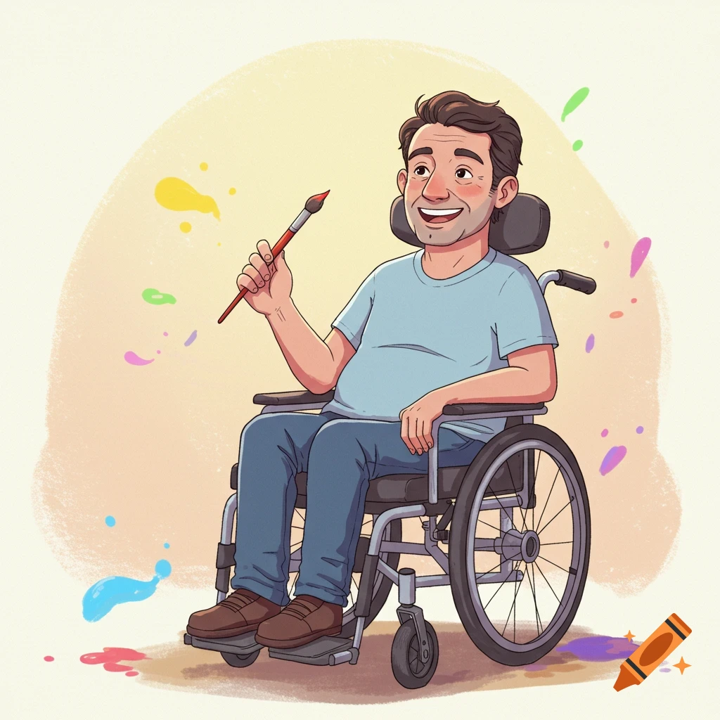 Illustrated man in wheelchair smiles holding paintbrush with colorful paint splashes