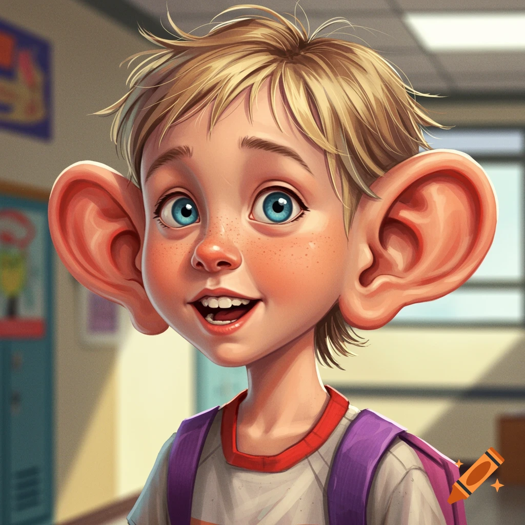 Cartoon portrait of a boy with large ears and a backpack in a school hallway.