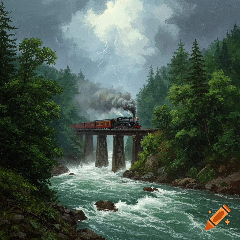 Painting of a steam train crossing a bridge over a river during a stormy lightning strike in a forest.