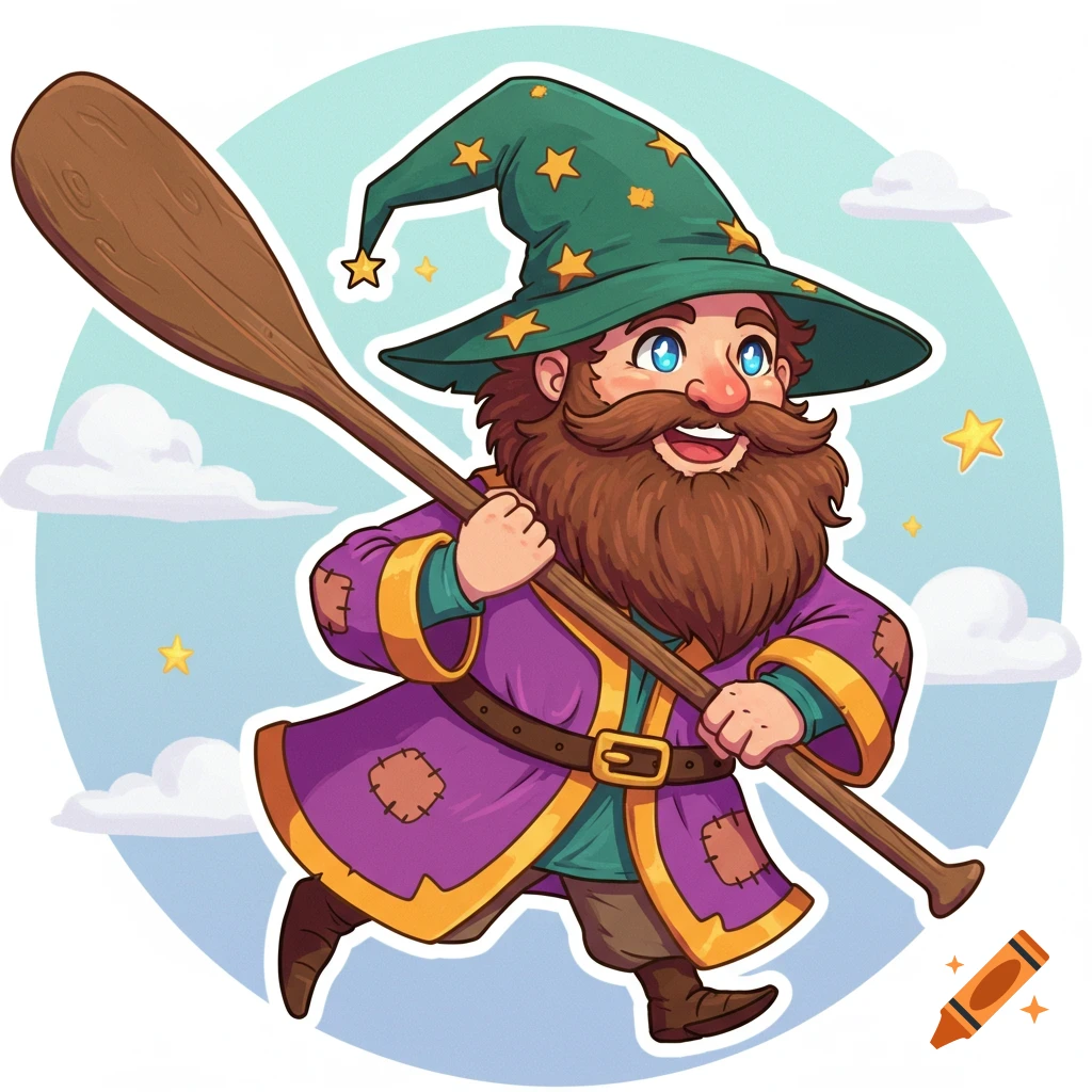 Cartoon wizard flying with a large paddle