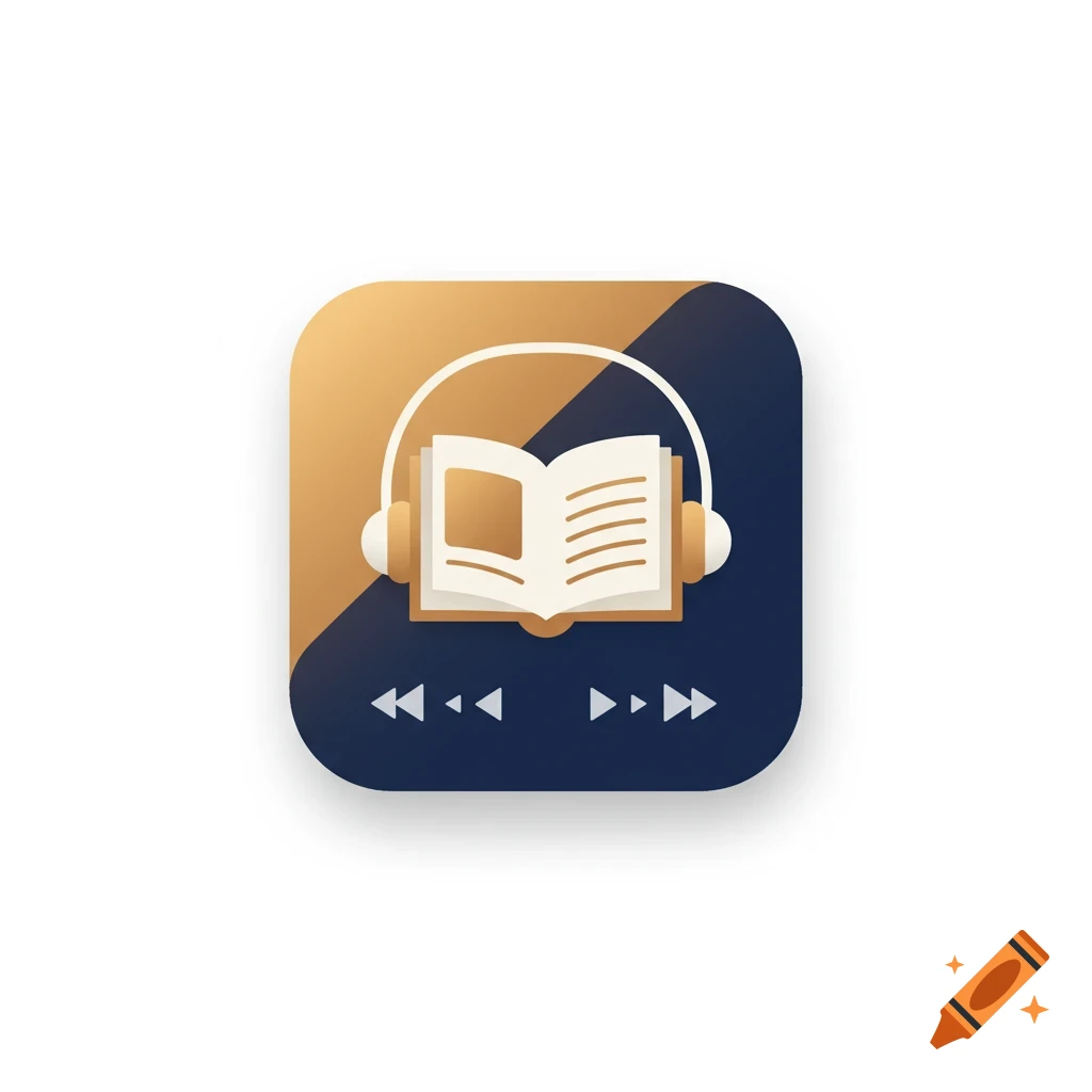 App icon with an open book, headphones, and audio controls on a blue and gold background.