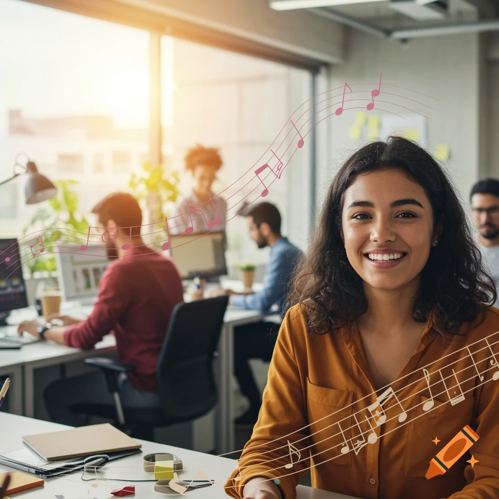 A smiling woman and others working in a sunny office with musical notes overlaid.