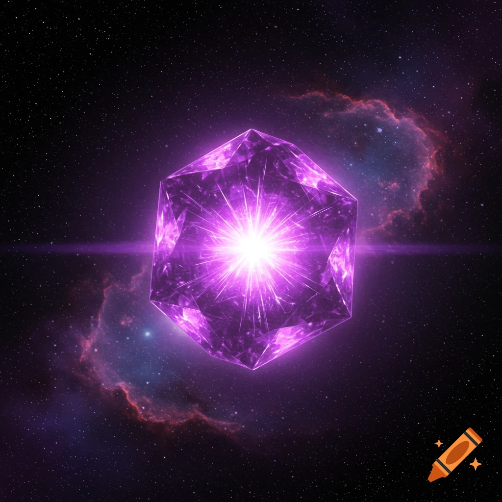 A glowing purple polygon gem floating in starry space with a nebula.