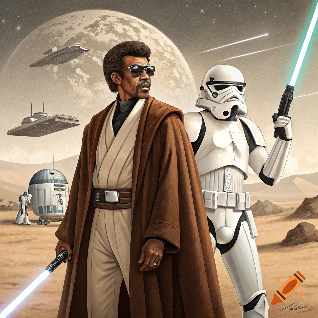 Illustration of Dean Martin as a Jedi and Sammy Davis Jr. as a stormtrooper on a desert planet.