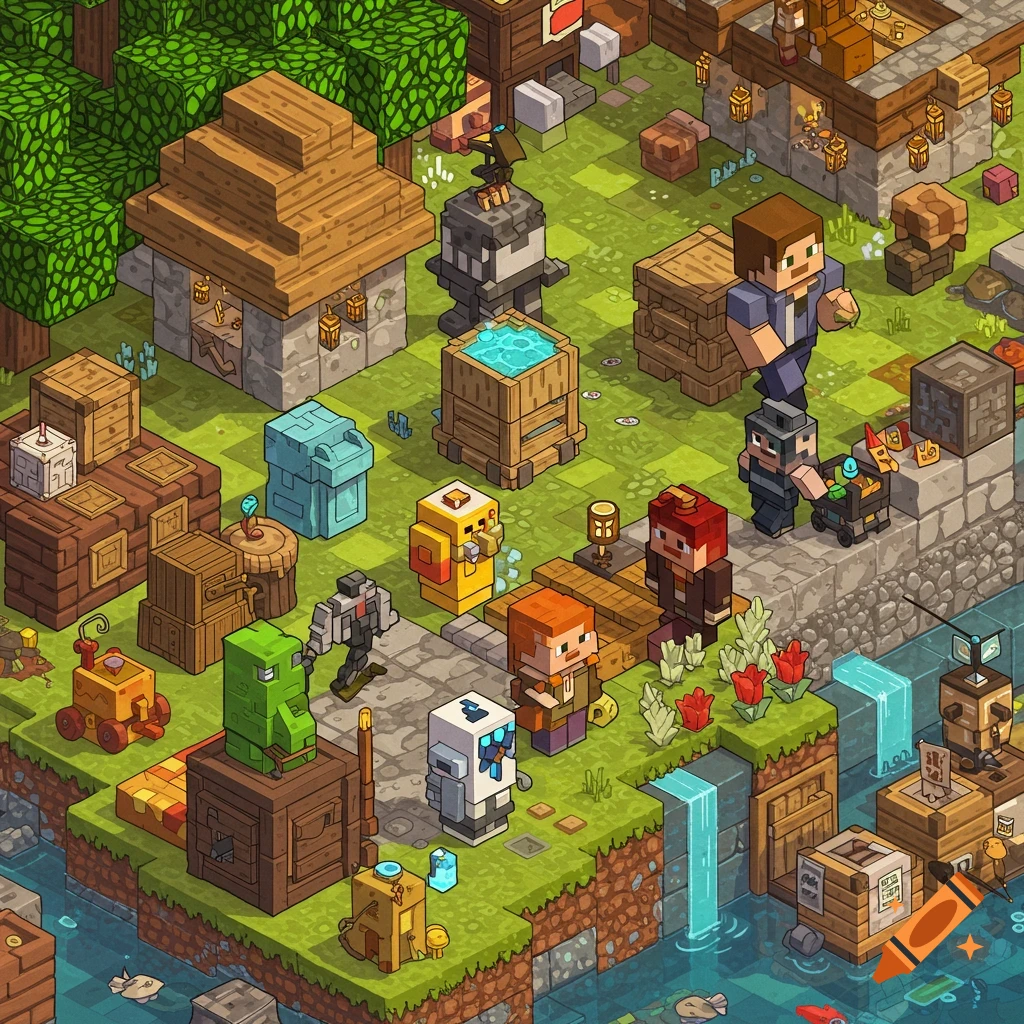 Isometric village scene in Minecraft style with blocky characters, buildings, and a river.