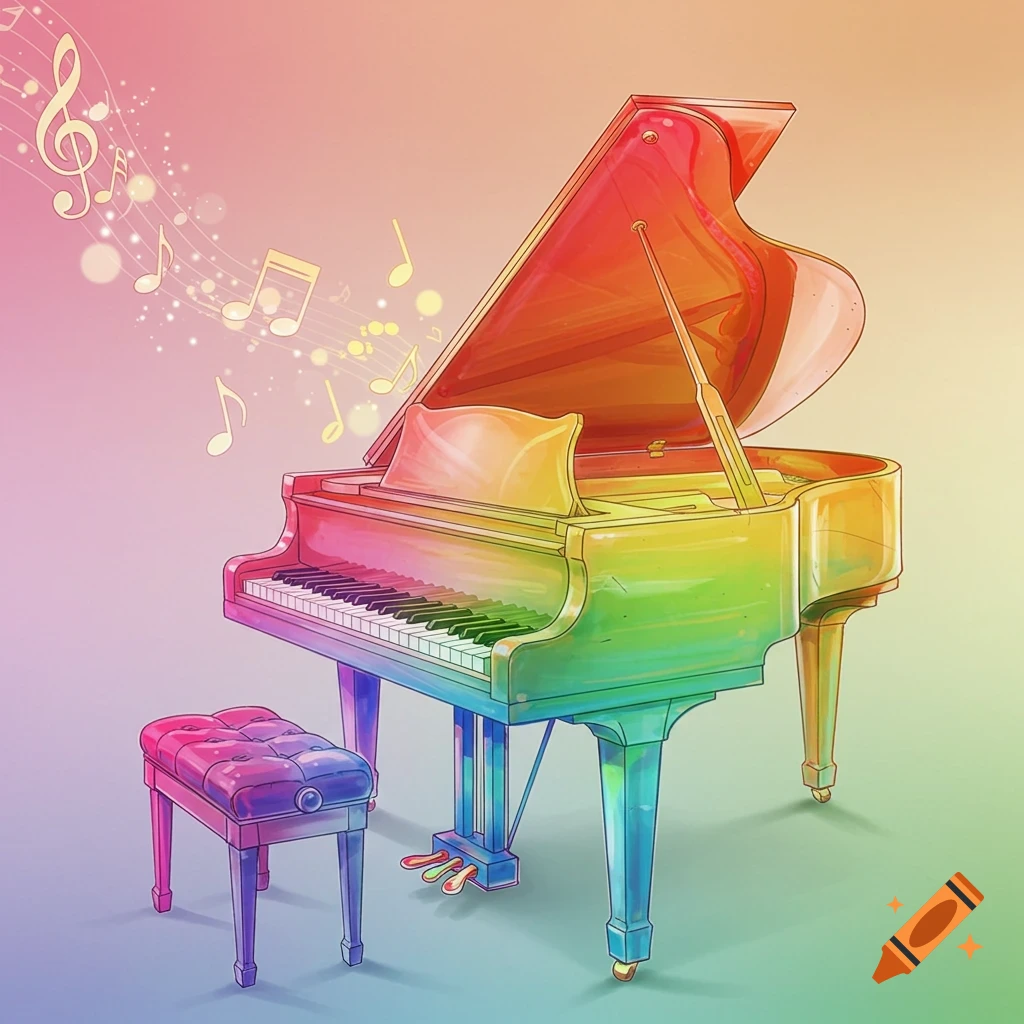 A rainbow grand piano with music notes floating around.