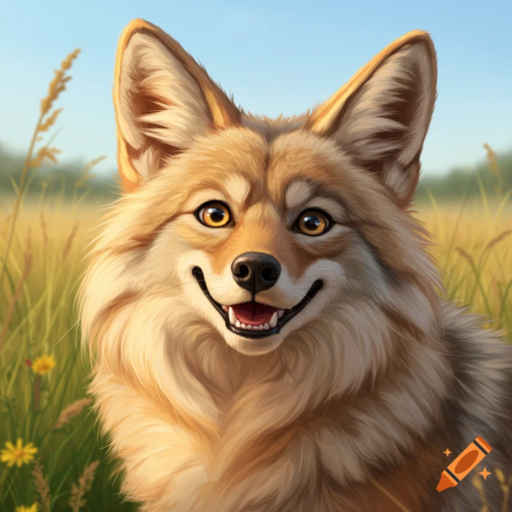 A smiling coyote in a field.