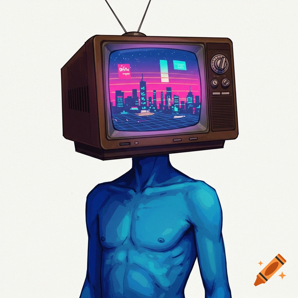 A person with a vintage TV head displays a synthwave cityscape.