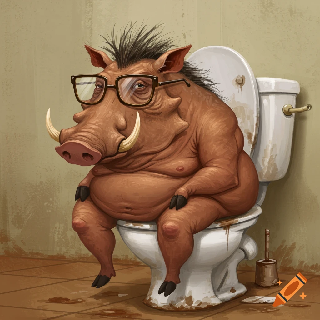 A warthog-human hybrid with glasses is sitting on a dirty toilet.