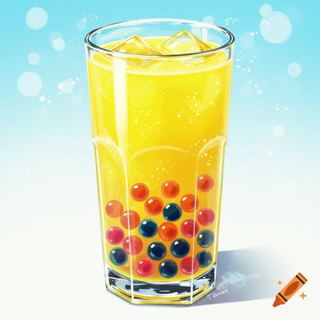 A glass of yellow lemonade with colorful boba and ice.