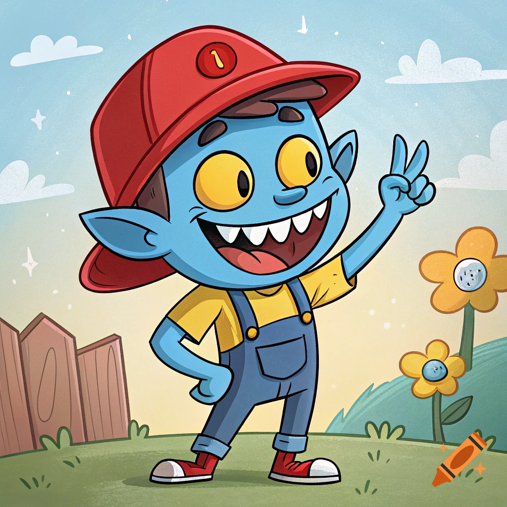 A cartoon blue creature with a red hat, overalls, and peace sign.