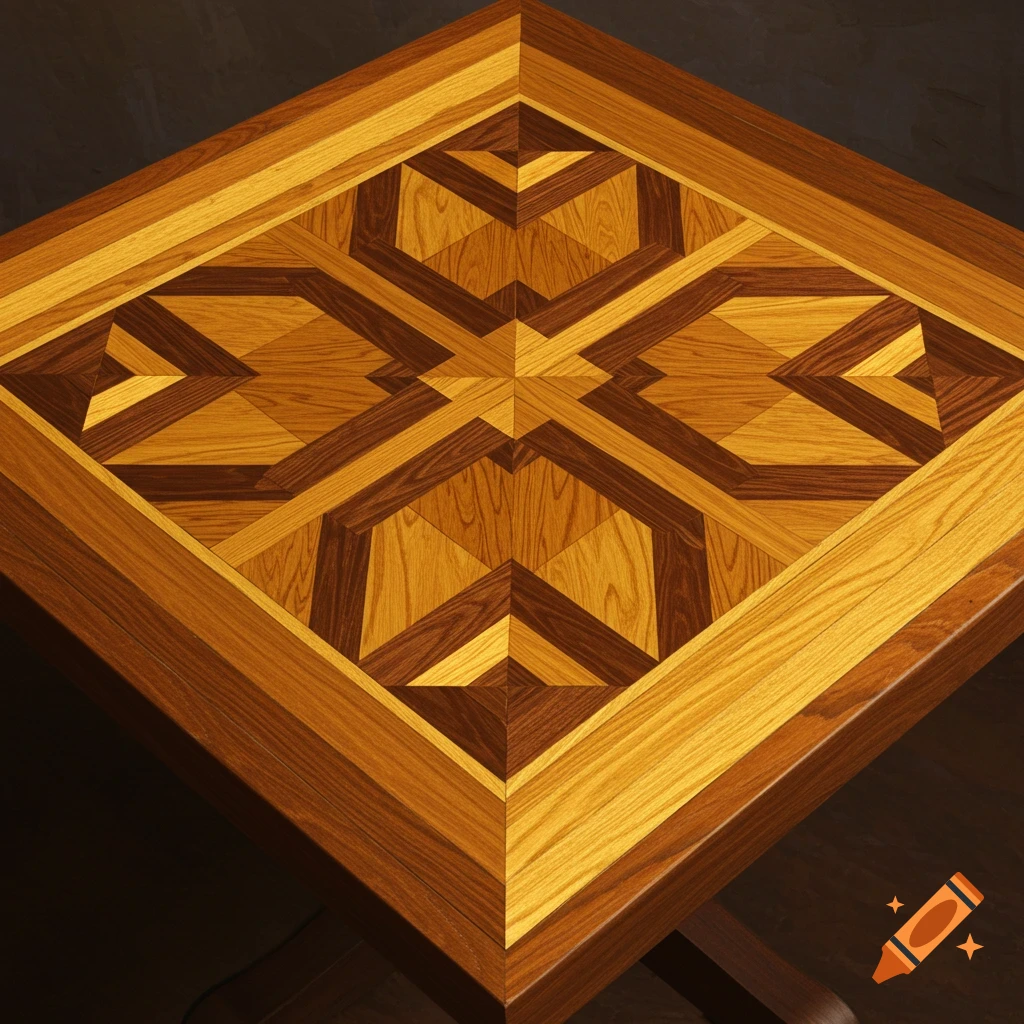 Close-up view of a wooden table top with a complex geometric wood inlay pattern in different shades.