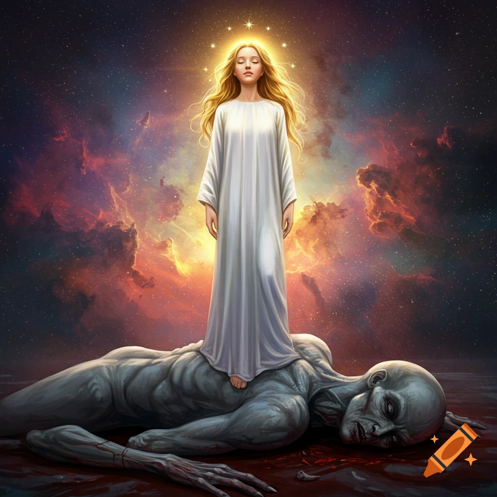 A woman in a white robe stands on a defeated creature with a starry halo above her head.