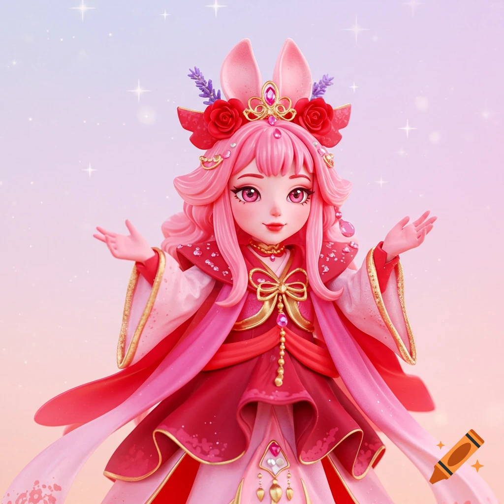 Stylized 3D rendering of a pink-haired character with bunny ears and a red and pink outfit.