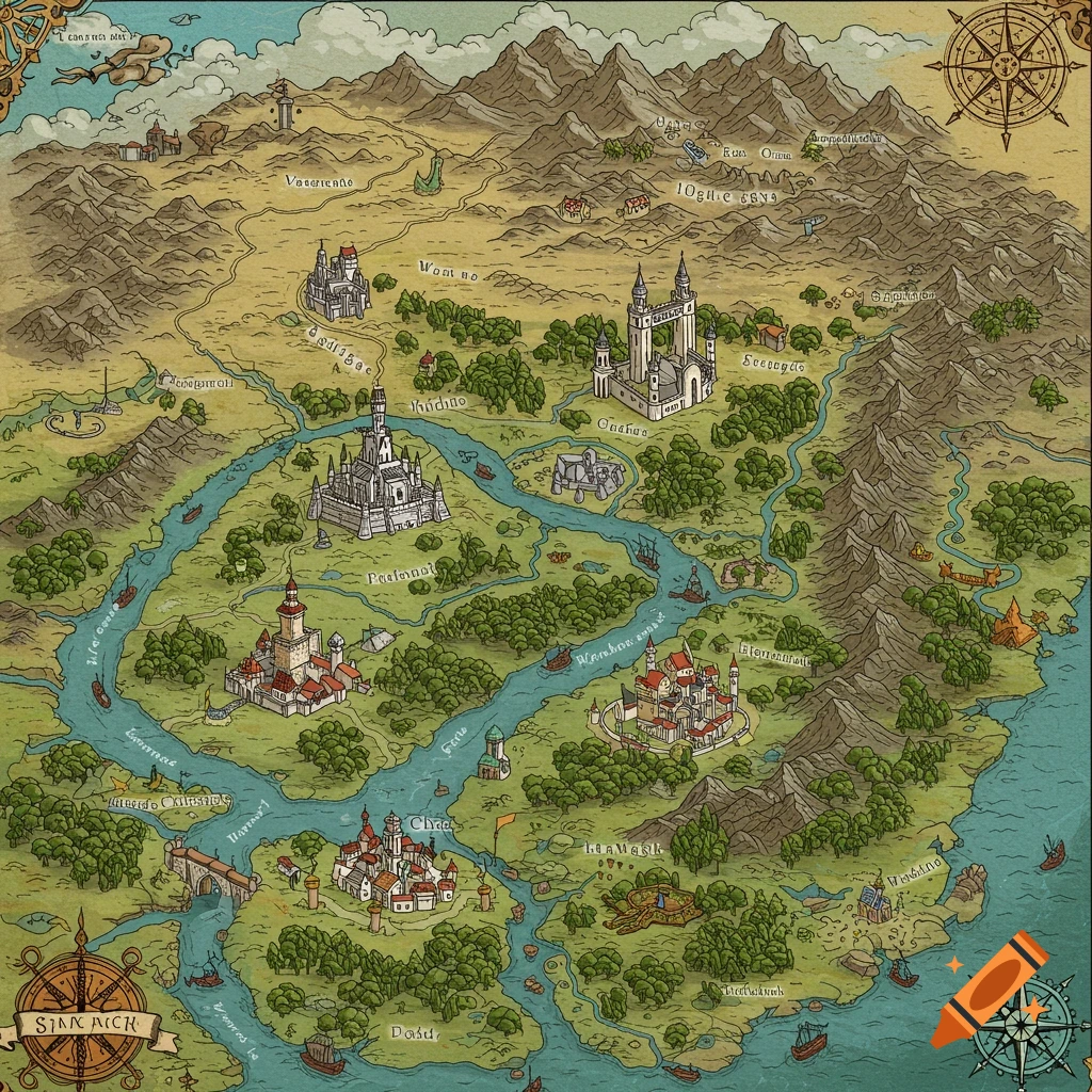 A detailed hand-drawn style fantasy map depicting mountains, rivers, forests, castles, towns, and ships.