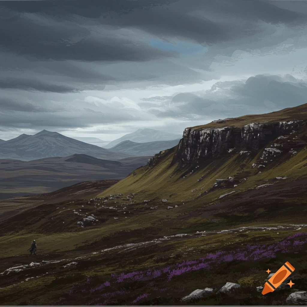 A rugged landscape with hills, a cliff face, distant mountains, and a cloudy sky, with a lone figure on a path.