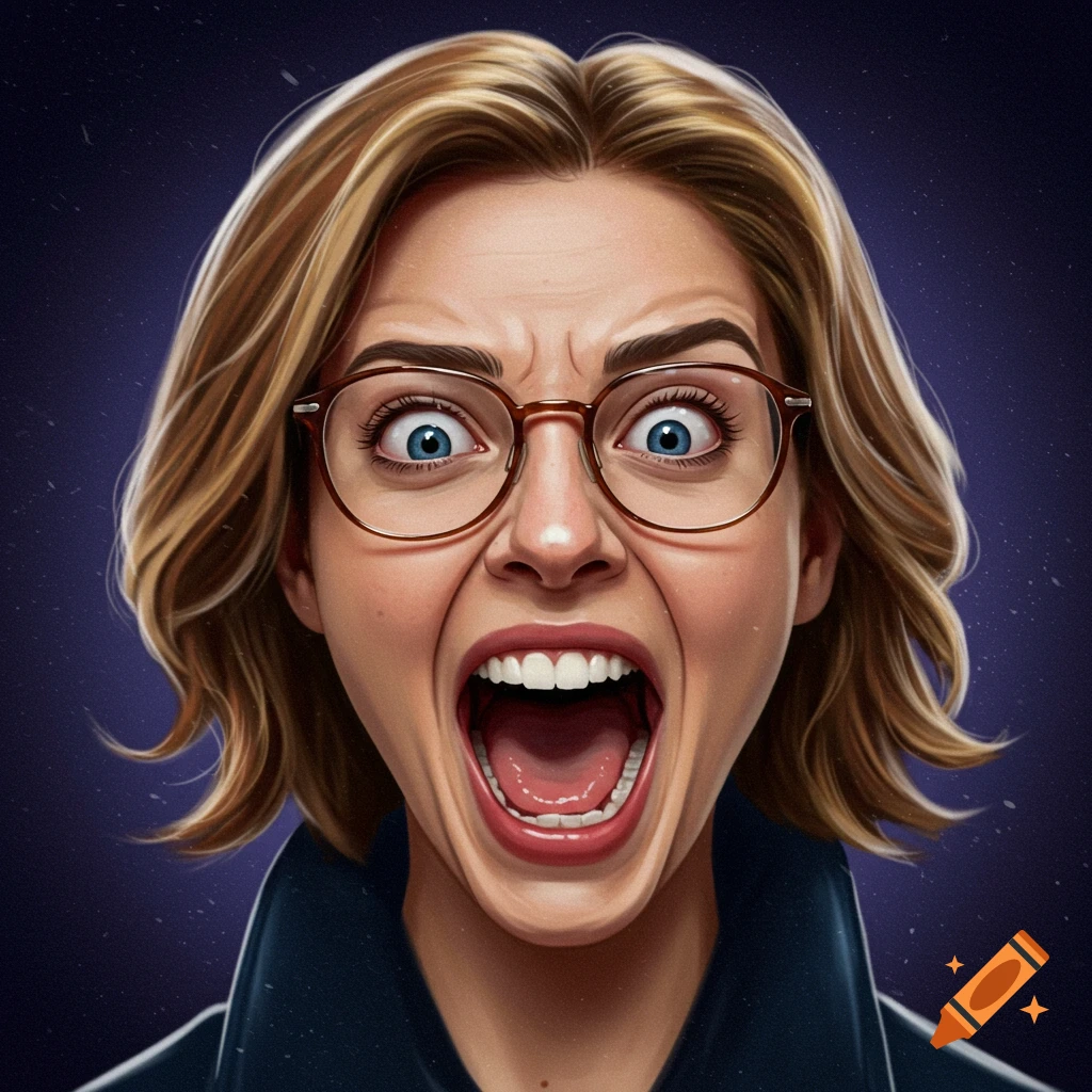 A woman with glasses is screaming.