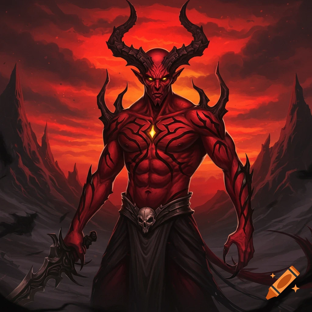 A red-skinned demon with horns holds a sword in a rocky, red landscape.