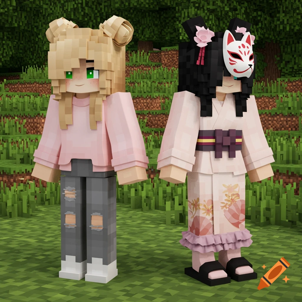 Two Minecraft girls, one in a pink sweater, the other in a kimono and ...